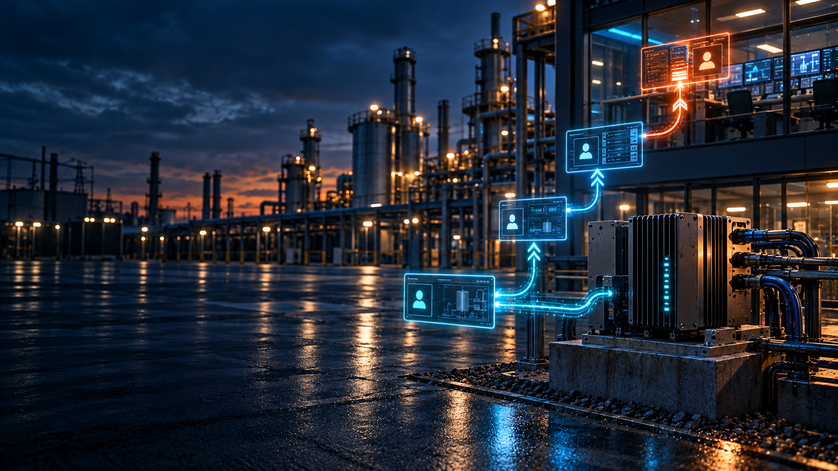 Gateway industrial conectado a varias sesiones digitales que ascienden de azul a naranja en una planta nocturna, simbolizando una escalada de privilegios.